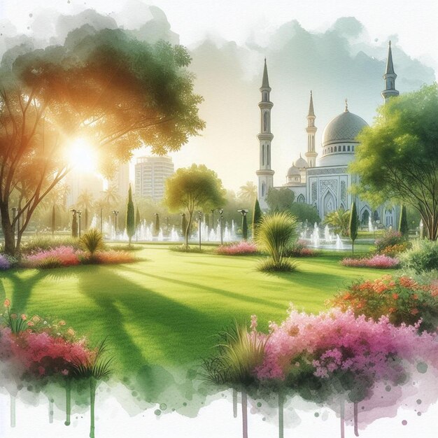 illustration of a mosque in a park