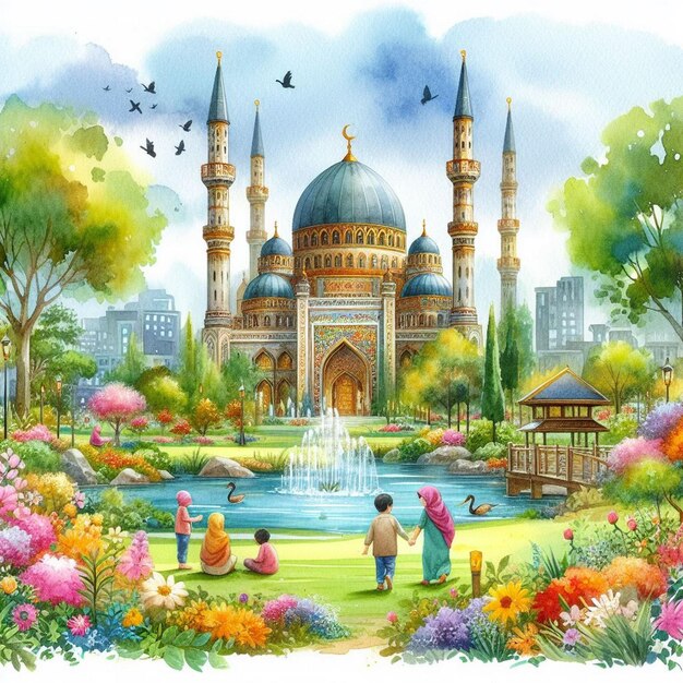 illustration of a mosque in a park