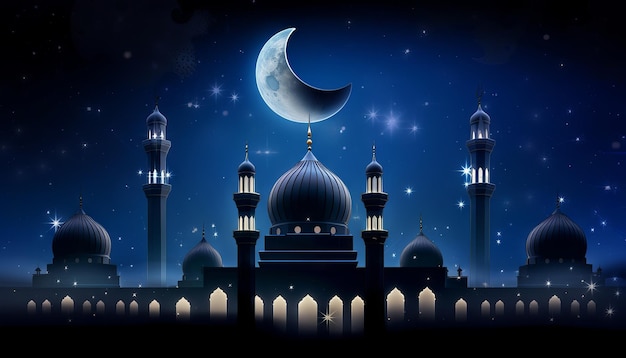 Illustration of a mosque stars and an Eid Mubarak greeting representing the celebration of faith during Ramadan and Eid Generative ai