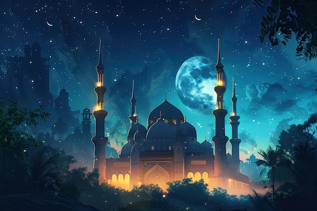 illustration of a mosque surrounded by twinkling stars and moon ramadan kareem holiday celebration