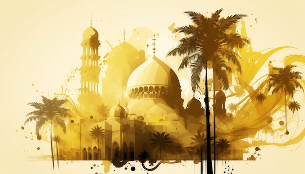 An illustration of a mosque with palm trees and a building in the background.