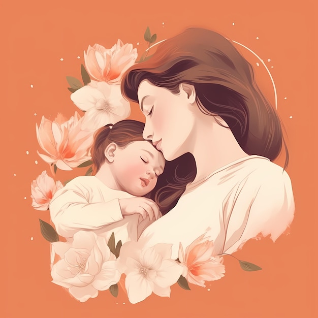 Illustration of mother holding baby son in arms happy mothers day gift card generative ai