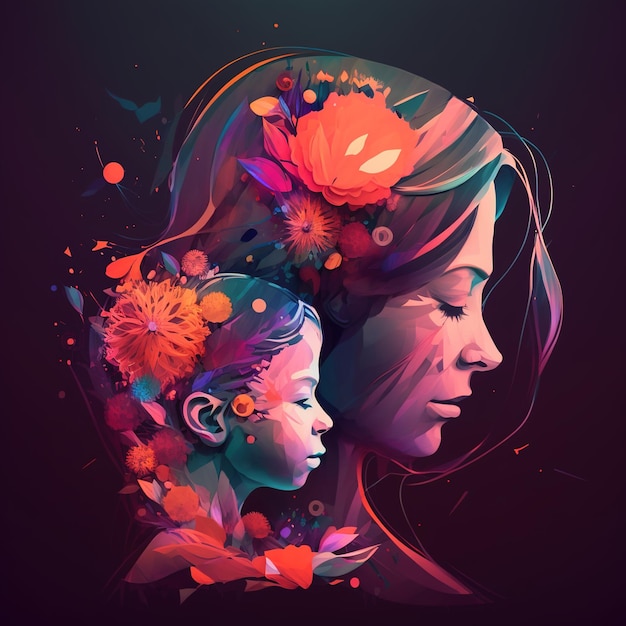 Illustration Of Mother Holding Baby Son In Arms. Happy Mothers Day Greeting Card. generative AI