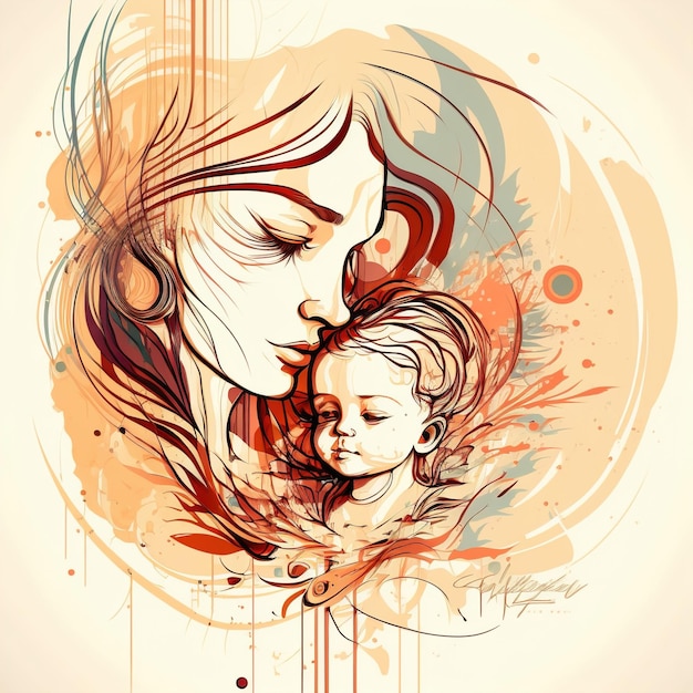 Illustration Of Mother Holding Baby Son In Arms. Happy Mothers Day Greeting Card. generative AI