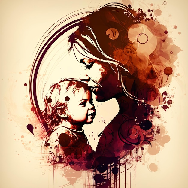 Illustration Of Mother Holding Baby Son In Arms. Happy Mothers Day Greeting Card. generative AI