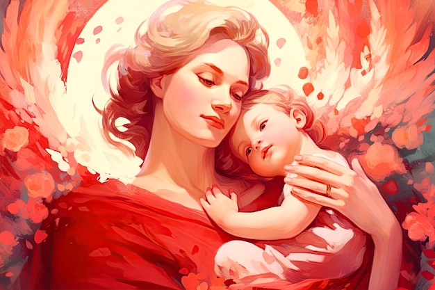 Illustration for Mother's Day Embrace of mother and child A divine ecclesiastical concept Generative AI