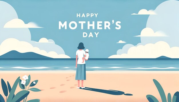 Illustration of mother standing on the beach holding child for mothers day