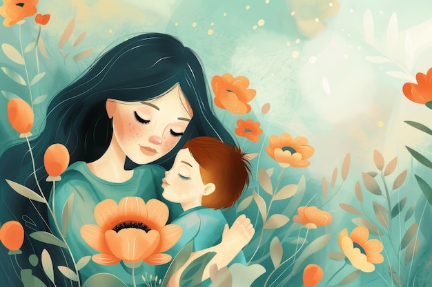 Illustration of mother with her little child flower in the background Concept of mothers day mothers