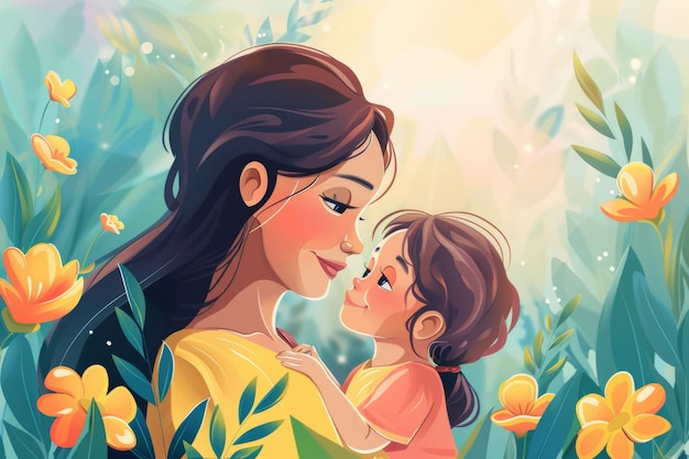 Illustration of mother with her little child flower in the background Concept of mothers day mothers