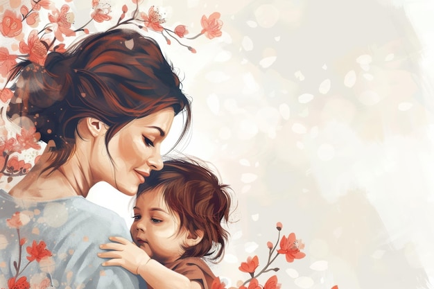 Illustration of mother with her little child flower in the background Concept of mothers day mothers