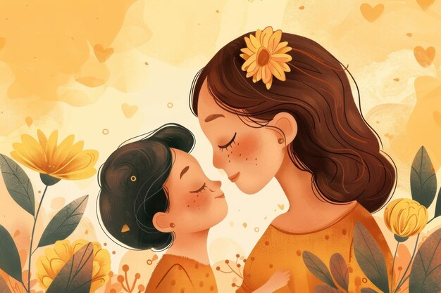 Illustration of mother with her little child flower in the background Concept of mothers day mothers