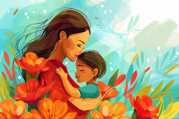 Illustration of mother with her little child flower in the background Concept of mothers day mothers