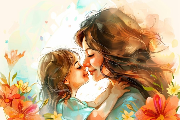 Illustration of mother with her little child flower in the background Concept of mothers day mothers