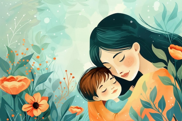 Illustration of mother with her little child flower in the background Concept of mothers day mothers