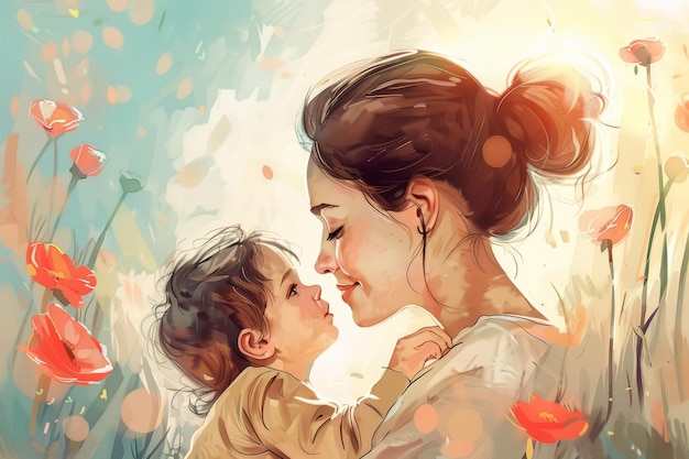 Illustration of mother with her little child flower in the background Concept of mothers day mothers