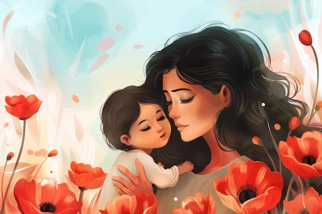 Illustration of mother with her little child flower in the background Concept of mothers day mothers