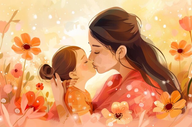 Illustration of mother with her little child flower in the background Concept of mothers day