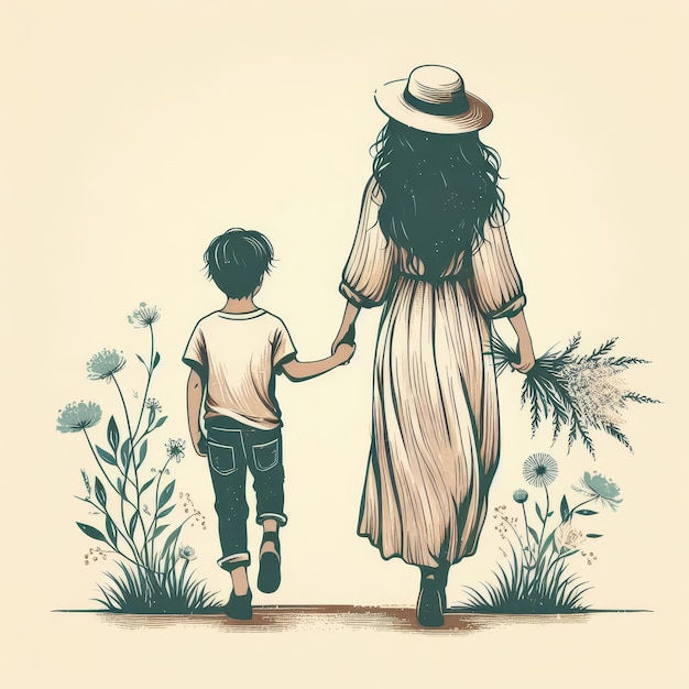 Illustration for mothers day with a silhouette of mother and son holding hands