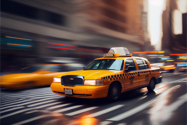 Illustration of motion blur yellow taxi cabs in city AI