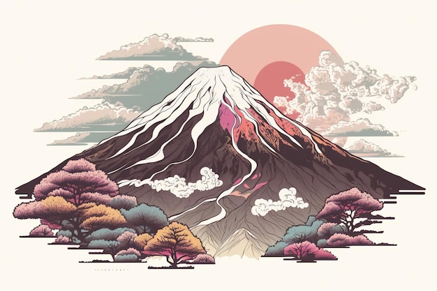 Illustration of Mount Fuji in Pastel Color