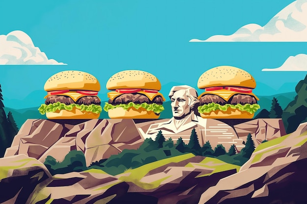 Illustration of Mount Rushmore iconic stone presidents hold burgers set against clear sky