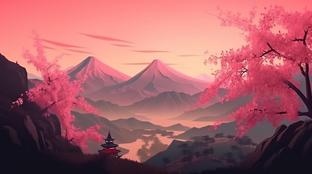 Illustration of a mountain dawn landscape with sakura blossoms Oriental background