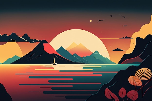 Illustration of a mountain scene with sailboat in the foreground generative ai