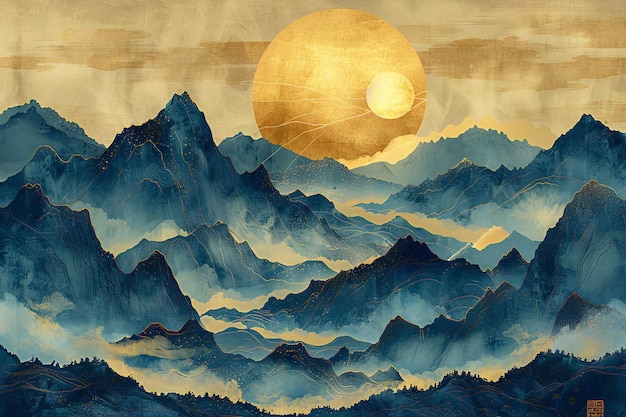 An illustration of mountains and a sun high quality high resolution