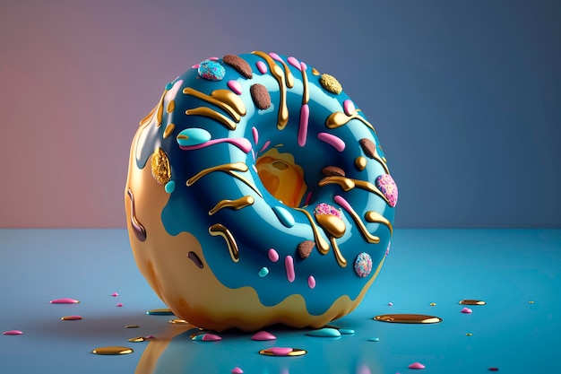 An Illustration of a Mouthwatering Donut with Sprinkles and Icing, Set Against a Soft and Dreamy Pastel Blue Background, Playful Composition Perfect for Foodies and Donut Lovers. created with Generati