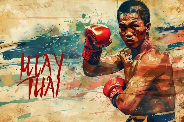 illustration of Muay Thai fighter with Thailand Flag and boxing glove Digital vintage art style box