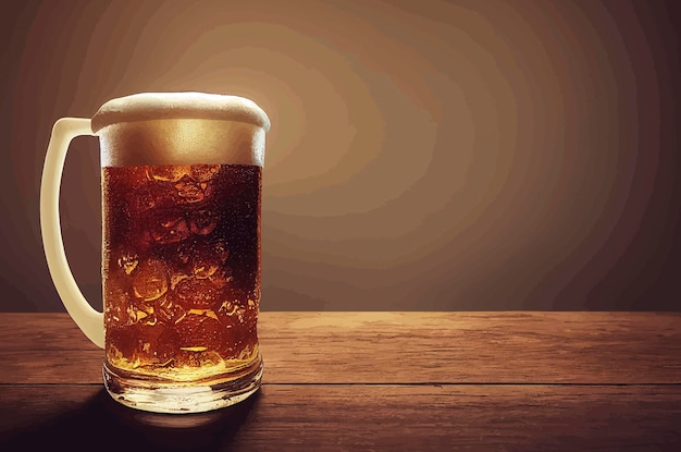 Illustration of a mug of cold beer on a wooden table