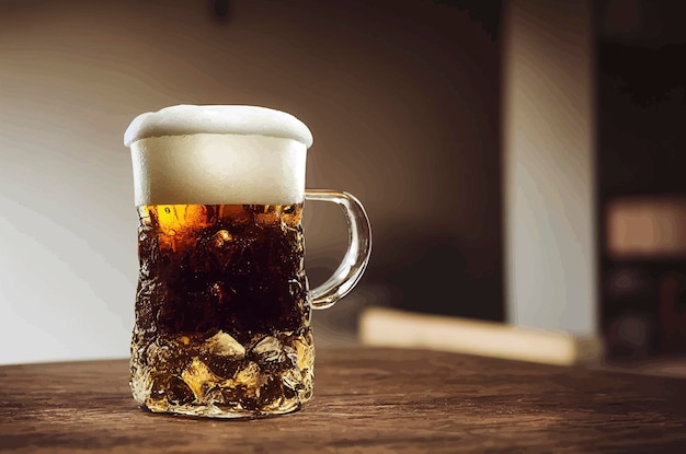 Illustration of a mug of cold beer on a wooden table