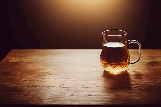 Illustration of a mug of cold beer on a wooden table