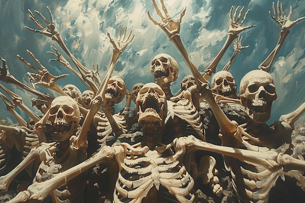 Illustration of multiple human skeletons with many arms reaching out of the ground scary background