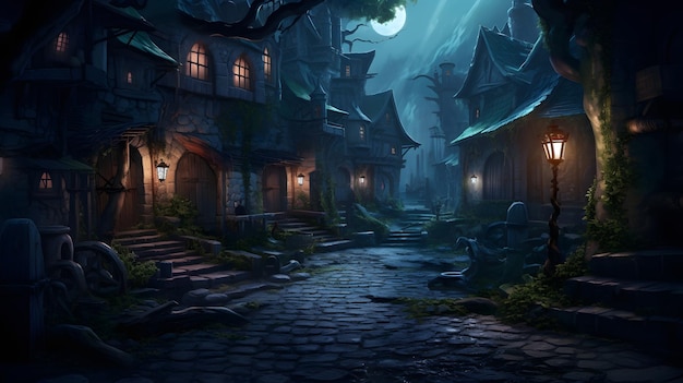 Illustration of a mysterious and atmospheric alley illuminated by a solitary lantern at night