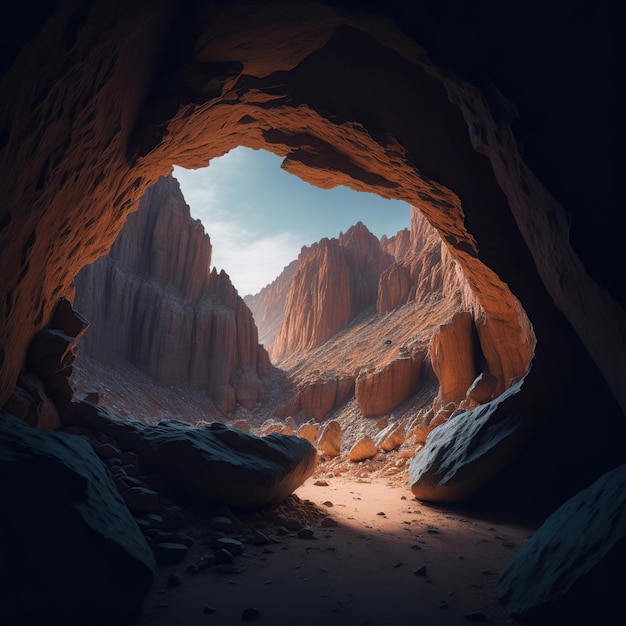 illustration of mysterious cave overlooking canyon