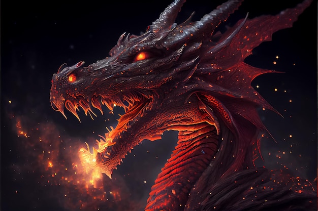 Illustration of a mysterious fire dragon on black background AI