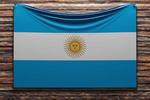 illustration of the national fabric flag of Argentina nailed on a wooden wall