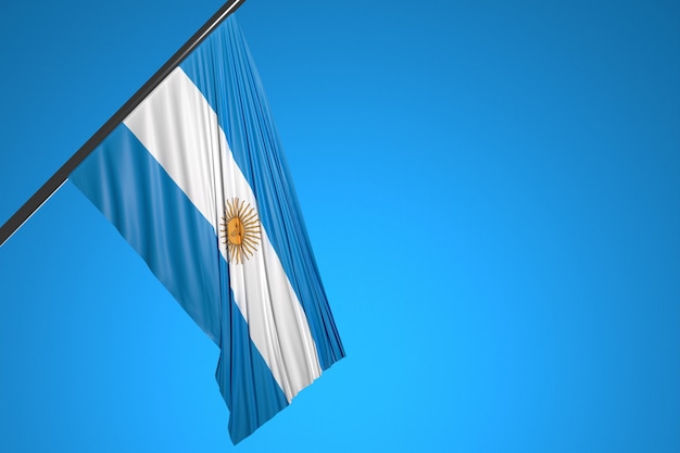 illustration of the national flag of Argentina on a metal flagpole fluttering against the blue sky