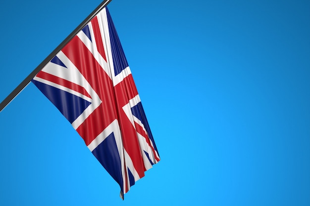 illustration of the national flag of United Kingdom on a metal flagpole fluttering against the blue sky