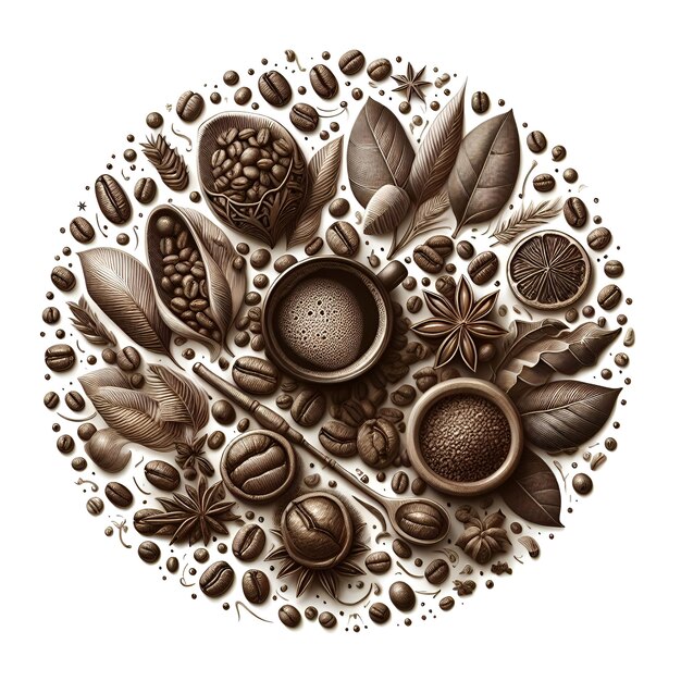 Illustration of natural roasted coffee beans with cardamom on a white background