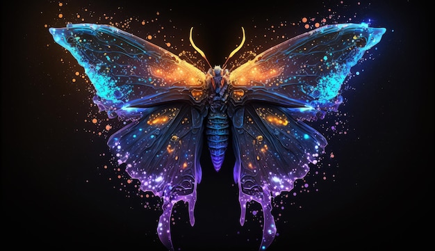 An illustration neon butterfly with intricate glowing wings set against a starry sky