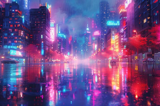 Photo an illustration of a neon cityscape with buildings that bend and warp like reflections