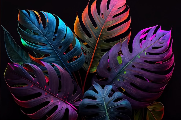 Illustration of neon tropical theme with palm tree and exotic floral ai