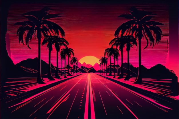 Illustration of neon tropical theme with retro 80 palm tree and exotic floral ai