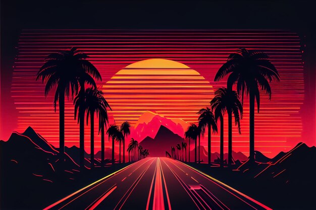 Illustration of neon tropical theme with retro 80 palm tree and exotic floral ai