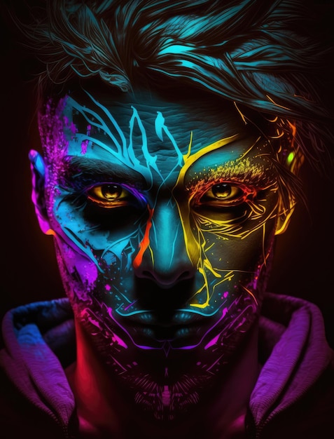 An illustration neoninfused portrait of a person with a glowing abstract mask and neoncolored eyes set against a dark abstract background