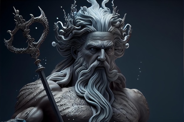 Illustration of Neptune Poseidon from legend of the lost city of Atlantis AI