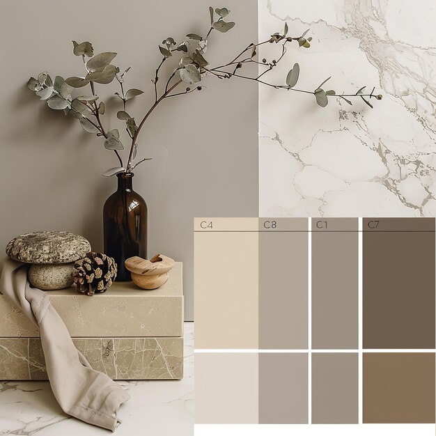 Photo illustration of neutral color pallete included things are plate spoon flower pot badsheet cosmetic items generative ai