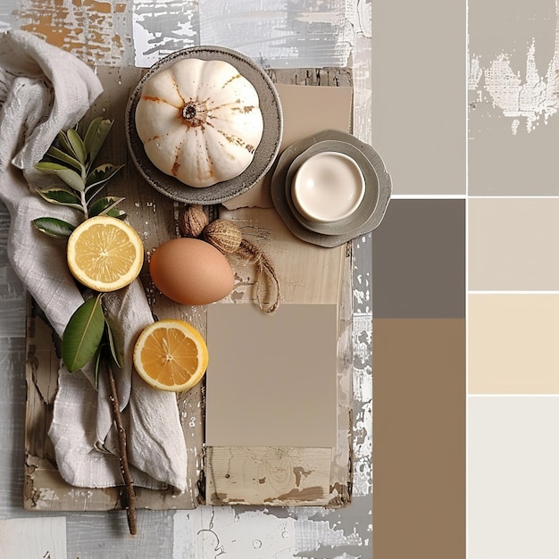 Photo illustration of neutral color pallete included things are plate spoon flower pot badsheet cosmetic items generative ai